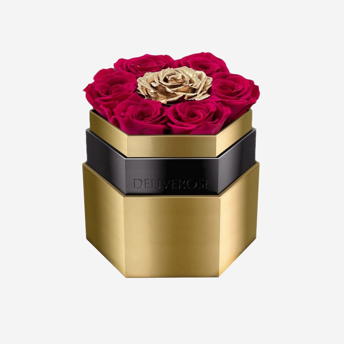 Mirror Gold Hexagon Box with Magenta and Gold Roses