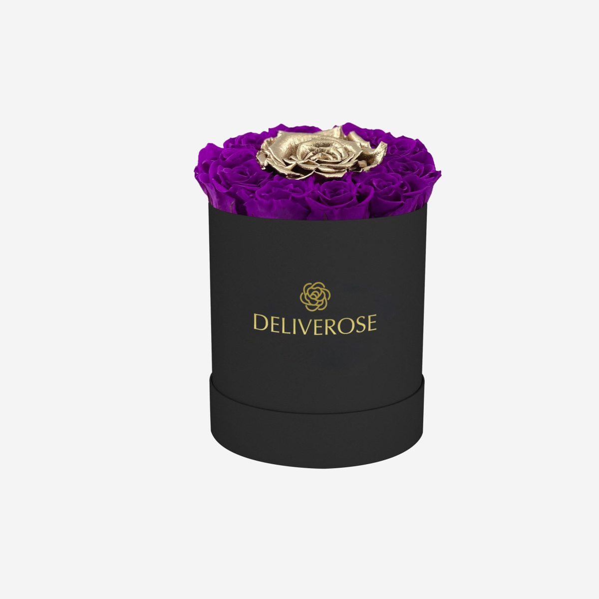 Elegant Black Box with Bright Purple and Gold Mini Roses