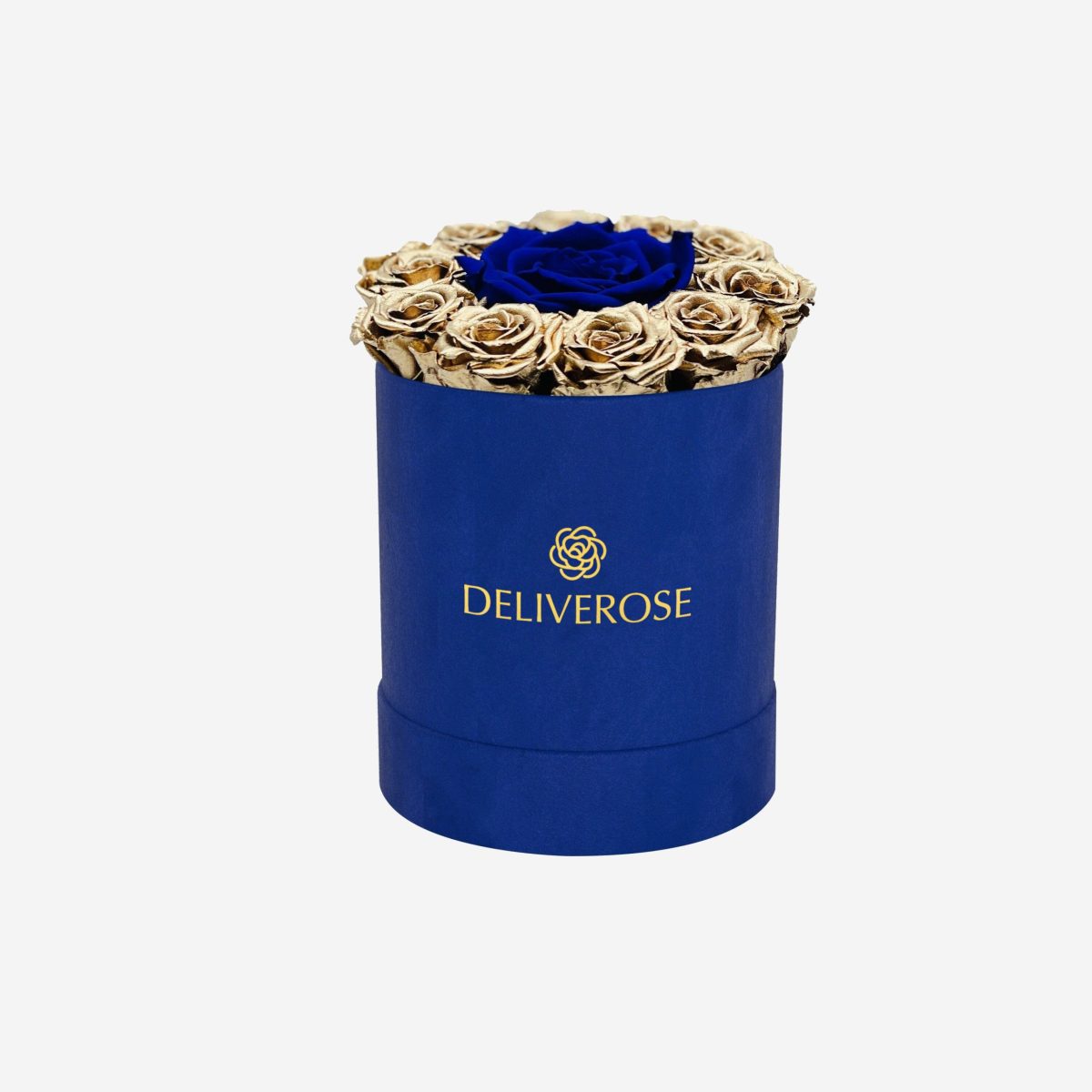 Elegant Royal Blue Suede Box with Gold and Royal Blue Mini Roses